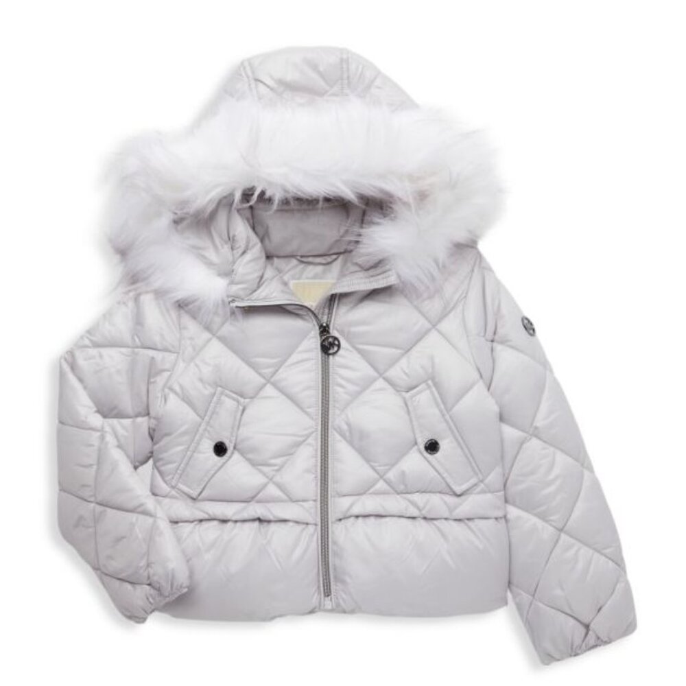 NEW Michael Kors Kids Baby Aluminum Faux Fur-Trim Peplum Puffer Jacket